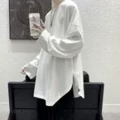 開衩長袖T恤男ins潮牌韓版寬鬆bf原宿風百搭圓領潮流春秋打底上衣
