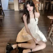 小可傢服飾~洋裝 洋裝女 洋裝女夏 高腰 露背 新款 小個子 別緻高檔弔帶連衣羣蓬蓬裙女夏季獨特a字短裙 修身洋裝 韓版