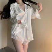 胖胖美依 睡裙 睡衣 家居服 睡裙性感蕾絲襯衫冰絲長袖男友風睡衣家居服白襯衫薄款套裝-3949.