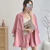 La Belleza簡約時尚翻領袖格紋反折雙釦西裝外套加鬆緊腰闊腿西裝短褲兩件式套裝