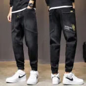 悅顏時尚精品💖S-5XL 牛仔褲 口袋牛仔工裝褲 束腳褲 韓版丹寧褲 韓版牛仔長褲 休閒褲 鬆緊褲頭運動褲 縮口褲 男