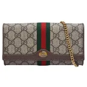 【GUCCI 古馳】經典GG Supreme帆布印花綠紅綠織帶皮革飾邊暗釦肩背/手拿長夾(烏木色546592-96IWS-8745)