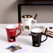 aaa巧克力鍋物杯150毫升陶瓷個人用奶油起司鍋附叉與蠟燭,便攜式杯適用於露營