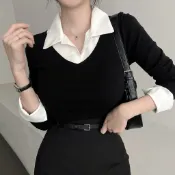 Winni Shop✈️正韓 拼接襯衫造型上衣 翻領上衣 翻領襯衫 長袖襯衫 拼接上衣 假兩件式 OL 辦公室穿搭 女裝