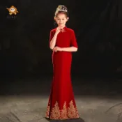 繡花裙擺女童紅色禮服 旗袍風兒童國風魚尾設計主持人走秀演出服 春夏童装 輕奢小眾高級感女孩派對服