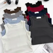 (店+)【FEE BABY】親膚坑條顯瘦短版背心 無胸墊 繞頸背心 無袖上衣女 韓系背心 打底背心 內搭背心 短版上衣女 黑色 咖啡色 淺灰色 深灰色 紅色 藏青色 藍色 白色