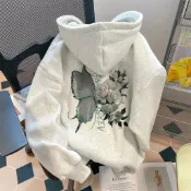胖胖美依 上衣 M-2XL長袖T卹 大學T 連帽T 印花上衣 新款銀狐絨美式綠色蝴蝶花印花連帽衛衣外套-10404.