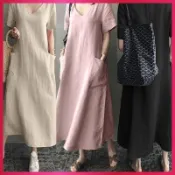 YWW夏日洋裝女 日韓寬鬆短袖V領口袋棉麻洋裝 2026夏秋新款 大尺碼女裝 三色可選 長款大擺裙 收腰顯瘦穿搭