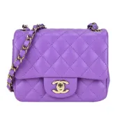 【全新真品】CHANEL  經典 Mini Square 菱格粒紋小羊皮鏈帶翻蓋斜背包(木槿紫)｜JS Maxx官方旗艦