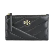 TORY BURCH Kira雙T古銅金LOGO蓬鬆斜紋小牛皮4卡拉鍊卡夾包(黑)