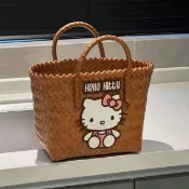 kitty手提包🎀 【六彩編織】愛HelloKitty藤編包夏季海邊卡通單肩包少女可愛kt貓網紅大容量 菜籃子 手拎包