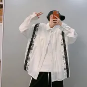 協貿國際日用品生活11館 dannyandzee春季國潮高街寬松薄款褶皺腰果花拼接黑白長袖襯衫男