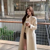 【台灣出貨】實拍 長袖針織衫毛衣女+短褲女+毛呢外套女三件套 假兩件格紋上衣女 保暖外套 長版外套 白色大衣女 冬天女裝