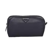 【PRADA 普拉達】經典銀三角LOGO尼龍拉鍊化妝包/手拿包(黑色)