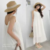 (店+)【FEE BABY】細肩帶棉麻後綁帶洋裝 渡假穿搭 洋裝 長洋裝 無袖洋裝 連身裙 連衣裙 長裙 韓系穿搭 秋冬 綠色