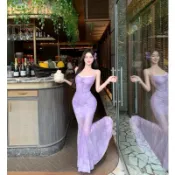 2026夏季新款度假風綠色碎花吊帶連身裙漂亮獨特絕美收腰修身包臀魚尾裙夏