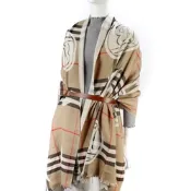 BURBERRY 巴寶莉  經典格紋X蒙太奇圖案羊絨絲質混紡圍巾-典藏米色