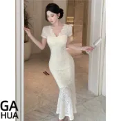 GAHUA 純慾性感V領蕾絲連衣裙高端氣質收腰顯身材法式包臀中長款魚尾裙