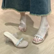 【臺灣促銷】防水厚底涼鞋 水晶粗跟涼拖鞋 女夏季外穿 水鑽透明一字帶高跟鞋 厚底高跟鞋 楔型涼鞋 涼鞋女厚底 涼鞋高跟鞋