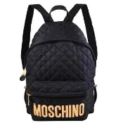 【MOSCHINO】亮金LOGO菱格尼龍雙拉鍊大旅用包後背包(黑)