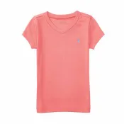 美國百分百【Ralph Lauren】V領 T恤 RL 短袖 T-shirt Polo 素面 小馬 鮭莓紅 女XS S號 青年版 I398