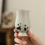 草木灰 堆雕 熊貓 聞香杯 手繪 功夫茶杯 主人杯 單杯 陶磁 茶具 喝茶 品茗杯 手工 陶瓷 茶道