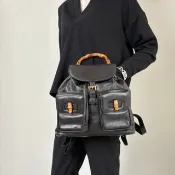 【日本直送 名牌中古包】GUCCI 古馳 後背包 黑色 竹節 牛皮 雙口袋 vintage 古著 經典 3ug5ej