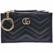 GUCCI GG Marmont絎縫紋牛皮金屬雙G LOGO拉鍊鑰匙/零錢包(黑色)