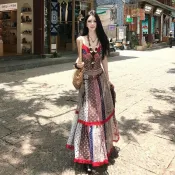 【波西米亞度假風】復古印花拼接雪紡吊帶洋裝 女 夏季 新款 波希米亞風 長裙 吊帶長裙 洋裝長裙