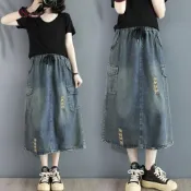(店+)【巴黎精品】KC精品 現貨+預購 高腰牛仔裙半身長裙洋裝丹寧連身裙大尺碼A字裙休閒大碼女裝(抽繩刷破女裙子n1jc62)