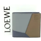 【LOEWE 羅威】Puzzle 拼圖切線小牛皮撞色4卡對折零錢袋短夾(藍灰x海軍藍 卡片零錢包 男夾)