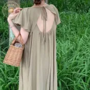 🔥小資女東大門穿搭💃大尺碼洋裝女 休閒長裙 百搭連衣裙 夏季新款连衣裙露背小飞袖胖MM300斤宽松遮肉显瘦休闲气质长