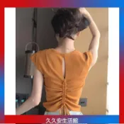 正肩圓領針織短袖 T恤女 夏季薄款短袖 後背鏤空小衫修身 短款上衣 短袖t桖 女生短袖 露背短袖 洋裝上衣 修身洋裝