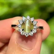 天然金綠玉貓眼寶石戒指，銀戒指，金戒指，女戒