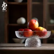 九土手工錘紋玻璃高腳果盤居家玻璃高腳水果盤日式茶點盤蔬菜盆沙拉盆家用乾果點心盤甜品水果盤零食糕餅盤供桌果盤CJR0492