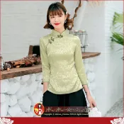 百搭七分袖旗袍式上衣古典簡約女唐裝上衣優質提花棉改良式日常生活穿搭款式 時尚中國風-單戀(綠色)-水水女人國