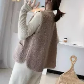 全球選品1館 生活百貨 女秋冬新款羊羔毛短款馬甲加絨加厚保暖背心坎肩寬鬆外穿拉鍊外套