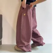 【HOT 本舖】男装 美式酒紅色小火焰刺繡廓形牛仔褲男女拖地褲慵懶寬鬆復古水洗長褲