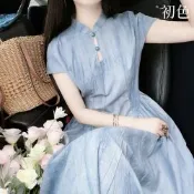 初色 新中式扎染鏤空收腰褶皺改良式旗袍連衣裙連身洋裝長裙-共2色-19579(M-2XL可選)