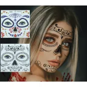 CHI 萬聖節派對 臉部紋身貼紙 貓女 花旦 小丑女 骷髏頭 臉譜 亡靈節 百老匯 變裝 表演道具 逼真 刺青貼紙 現貨