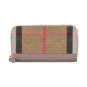 【BURBERRY 巴寶莉】BURBERRY 格紋LOGO牛皮內搭尼龍12卡ㄇ形拉鍊長夾(貂灰)