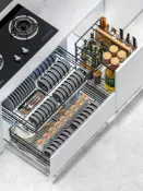 設彩品牌旗艦店 廚房抽屜式收納架 櫻花拉籃廚房櫥櫃304不銹鋼碗盤雙層抽屜式碗碟架收納調味籃碗籃『XY12629』