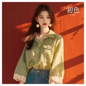 【初色】出清品 荷葉邊拼接格紋翻領長袖襯衫上衣女上衣-綠色-38114(M-3XL可選/快速出貨)