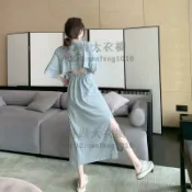 收腰顯瘦露背開叉短袖T恤裙女過膝連身裙女中長款洋裝長裙子【時尚大衣櫥】