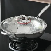 (店+)無塗層鈦金屬炒鍋 32cm帶蓋 電磁爐瓦斯爐兩用(無塗層 不沾 無毒 鍋內鈦金屬 鍋底不鏽鋼)