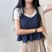 韓國細肩帶牛仔背心 細肩帶牛仔外搭背心 牛仔外搭背心 疊穿兩件套  細肩帶無袖牛仔