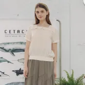 【CUMAR】條紋緹花方領蓬袖上衣 藍 杏