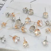 ✿DIY 八心八箭6mm鋯石 鑽石耳針 含掛圈吊垂墜式耳環 材料 六爪皇冠鑲嵌尖底水鑽 金屬耳針無耳洞可改矽膠耳夾 C2