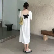 『一禾.服飾』氣質洋裝 小香風連身裙 胖寬鬆露背蝴蝶結T恤連衣裙夏季顯瘦慵懶風長款過膝短袖直筒裙A 0828