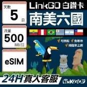 LINKGO白鑽卡 南美洲六國 eSIM卡 5天上網卡 每日500MB(南美洲網卡 巴西 阿根廷 智利 厄瓜多爾 秘魯 烏拉圭)